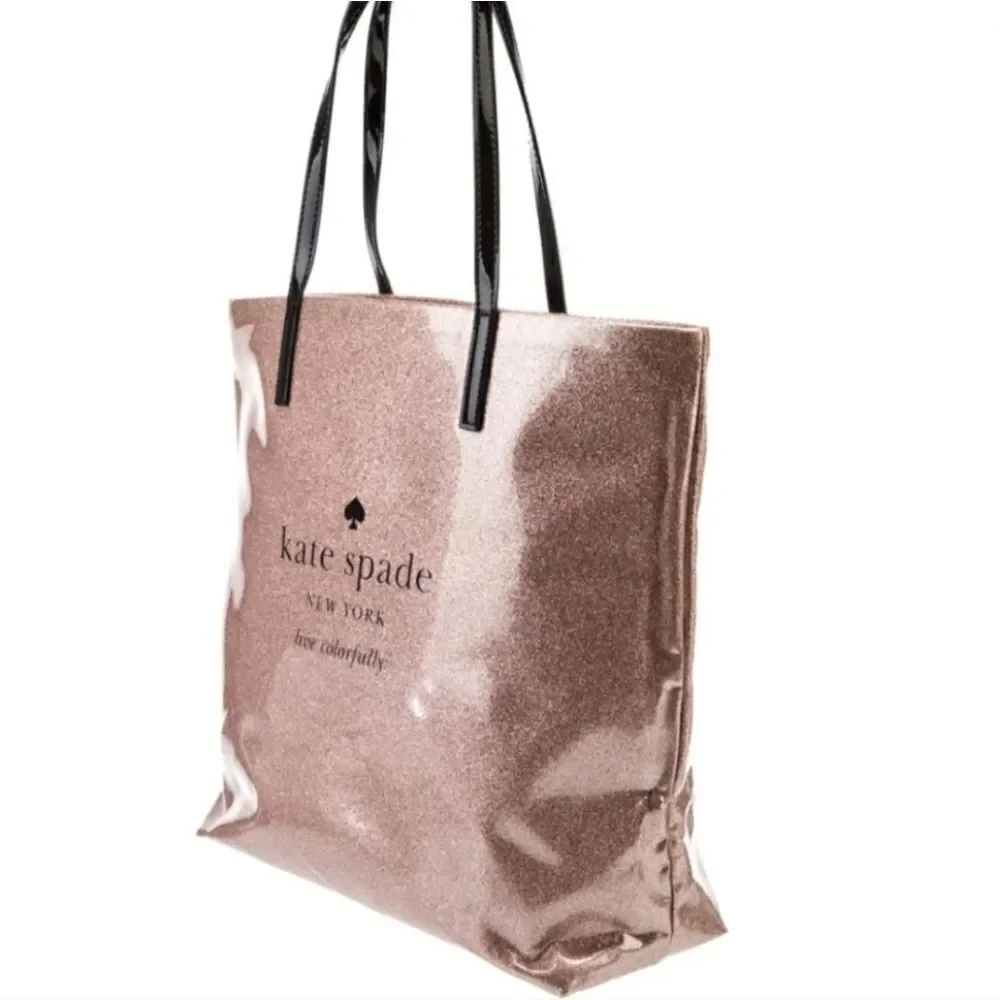 KATE SPADE NewYork/Rose Colored Glittered Tote with Black Handles and Accent